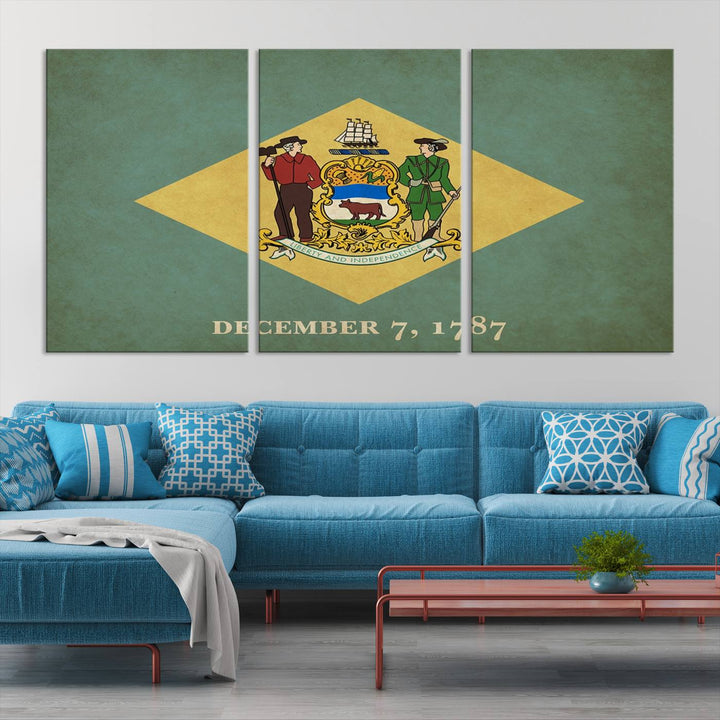 The Delaware States Flag Wall Art Canvas Print, featuring museum-quality material and a UV-protective coating, hangs elegantly, ready to be admired.