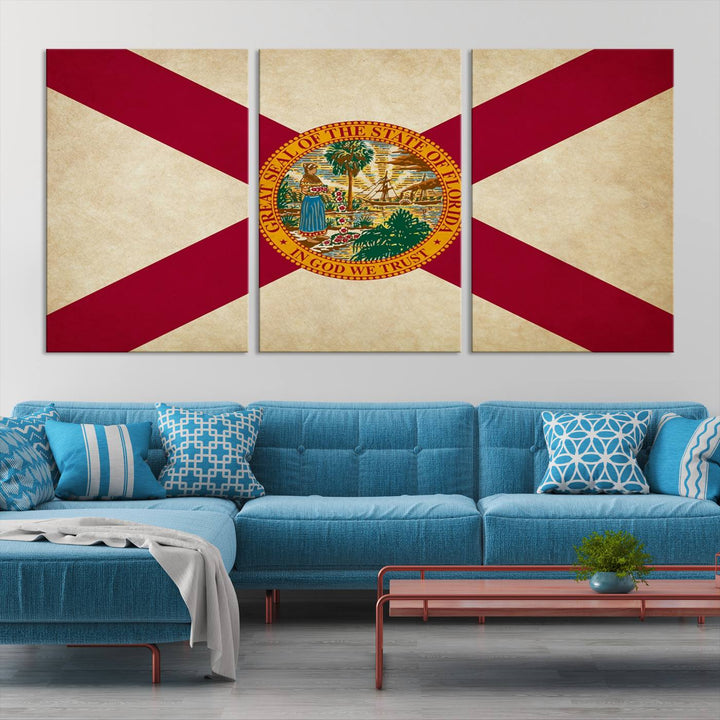 A Florida States Flag Wall Art Canvas Print, featuring a UV-protective coating for museum-quality preservation, is displayed.