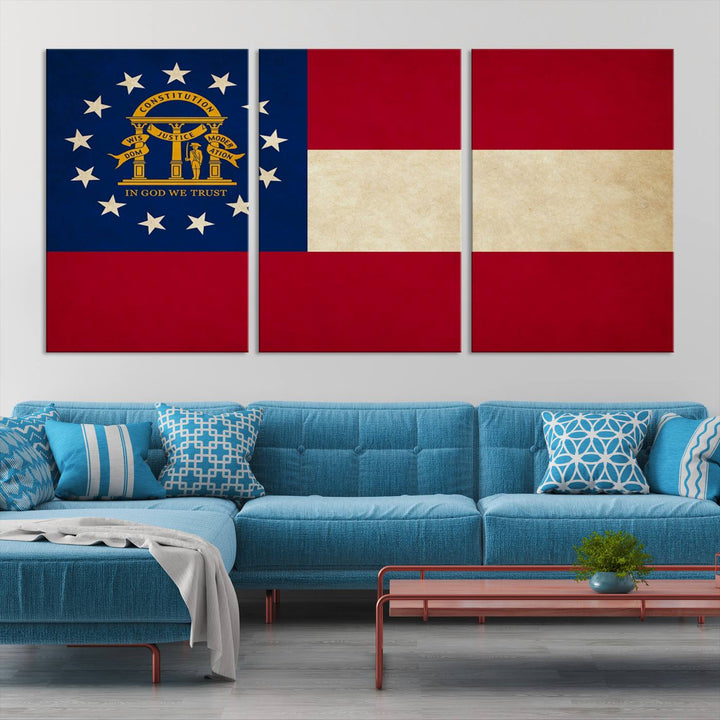 The Georgia States Flag Wall Art Canvas Print, coated with UV protection to preserve its vibrant colors, hangs on the wall.