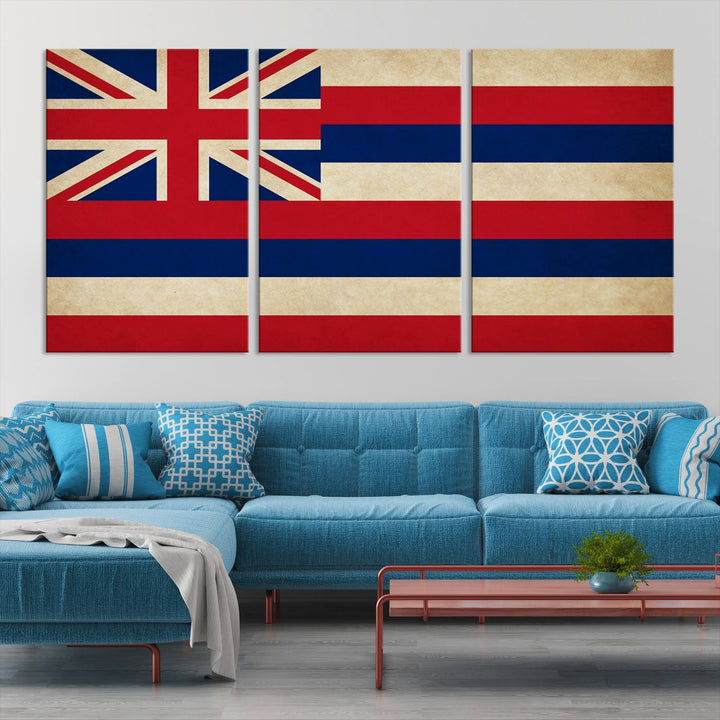 A stunning piece titled "Hawaii USA States Flag Wall Art Canvas Print" adorns the wall. This gallery-wrapped artwork is printed on museum-quality canvas and features a UV-protective coating, ensuring its vibrant colors remain timelessly beautiful.