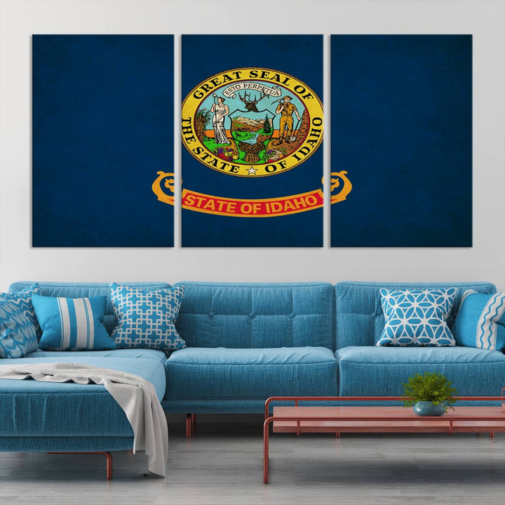 The Idaho USA States Flag Wall Art Canvas Print, featuring a UV-protective coating for lasting vibrancy, is ready to hang.