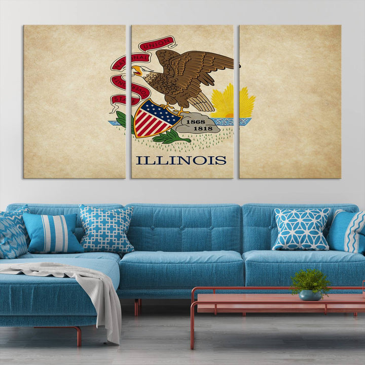 The Illinois State Flag Wall Art Canvas Print, crafted on museum-quality canvas with a UV-protective coating, is displayed prominently.