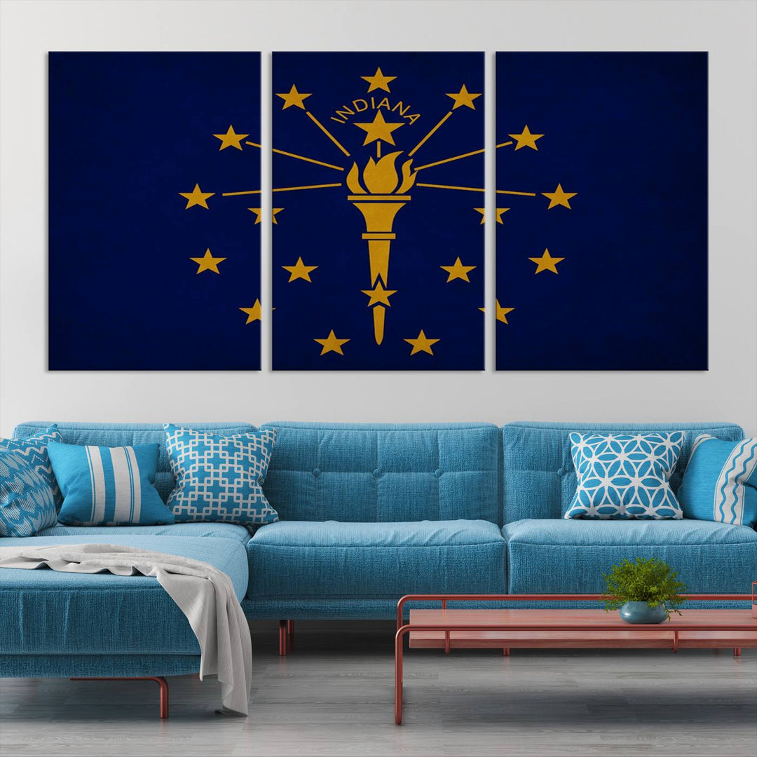 The Indiana States Flag Wall Art Canvas Print, featuring museum-quality canvas with a UV-protective coating, adorns the wall and brings an elegant and charming touch to your living space. Ready to hang, this piece becomes a standout feature in any room.