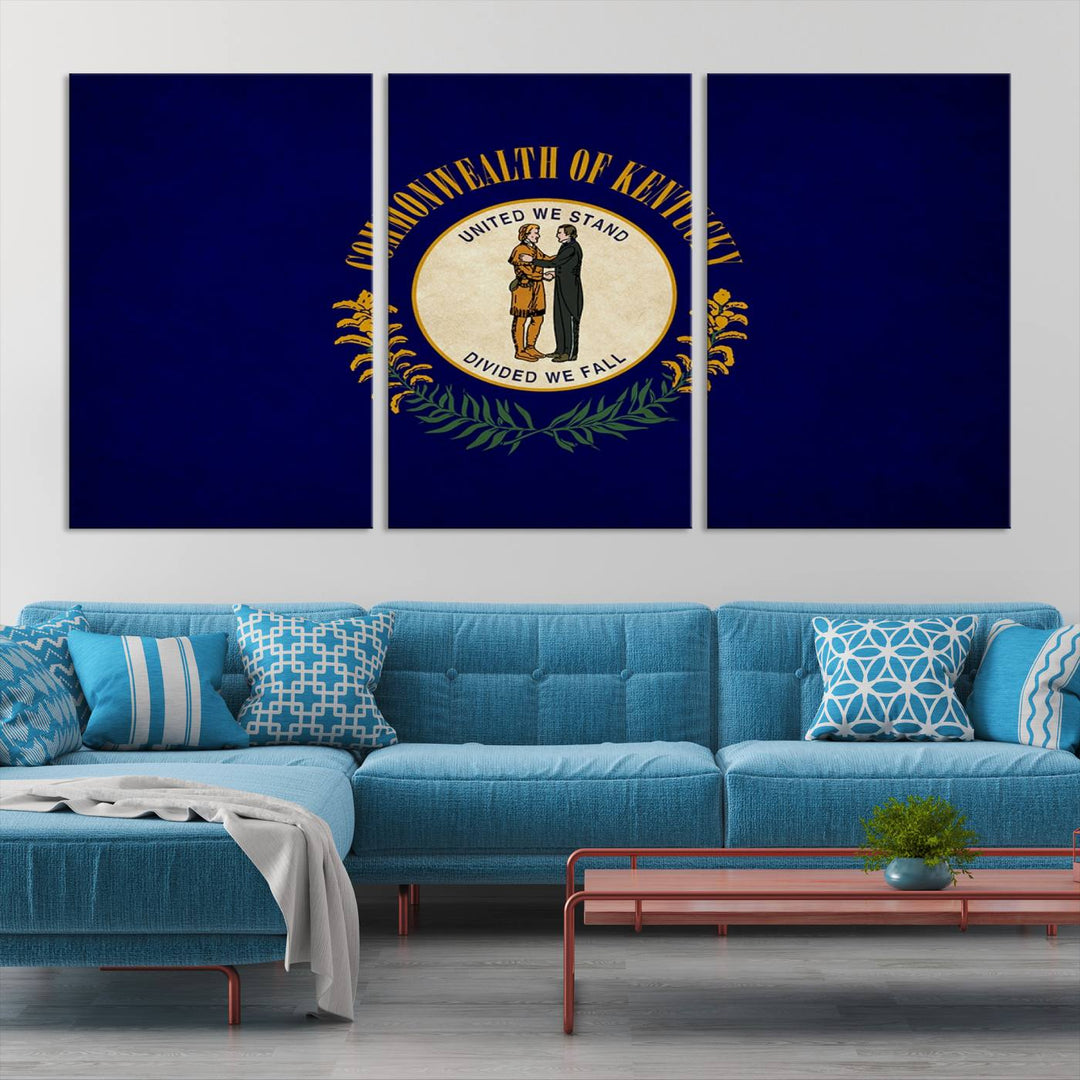 A museum-quality canvas of the Kentucky State Flag Wall Art graces the wall, featuring a UV-protective coating to maintain its vivid colors. Benefit from free shipping on this impressive home decor piece.