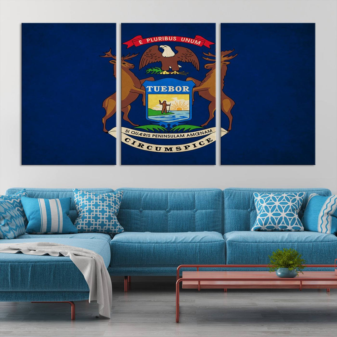 A piece of Michigan State Flag Wall Art on museum-quality canvas features a UV-protective coating to maintain its vibrant colors.