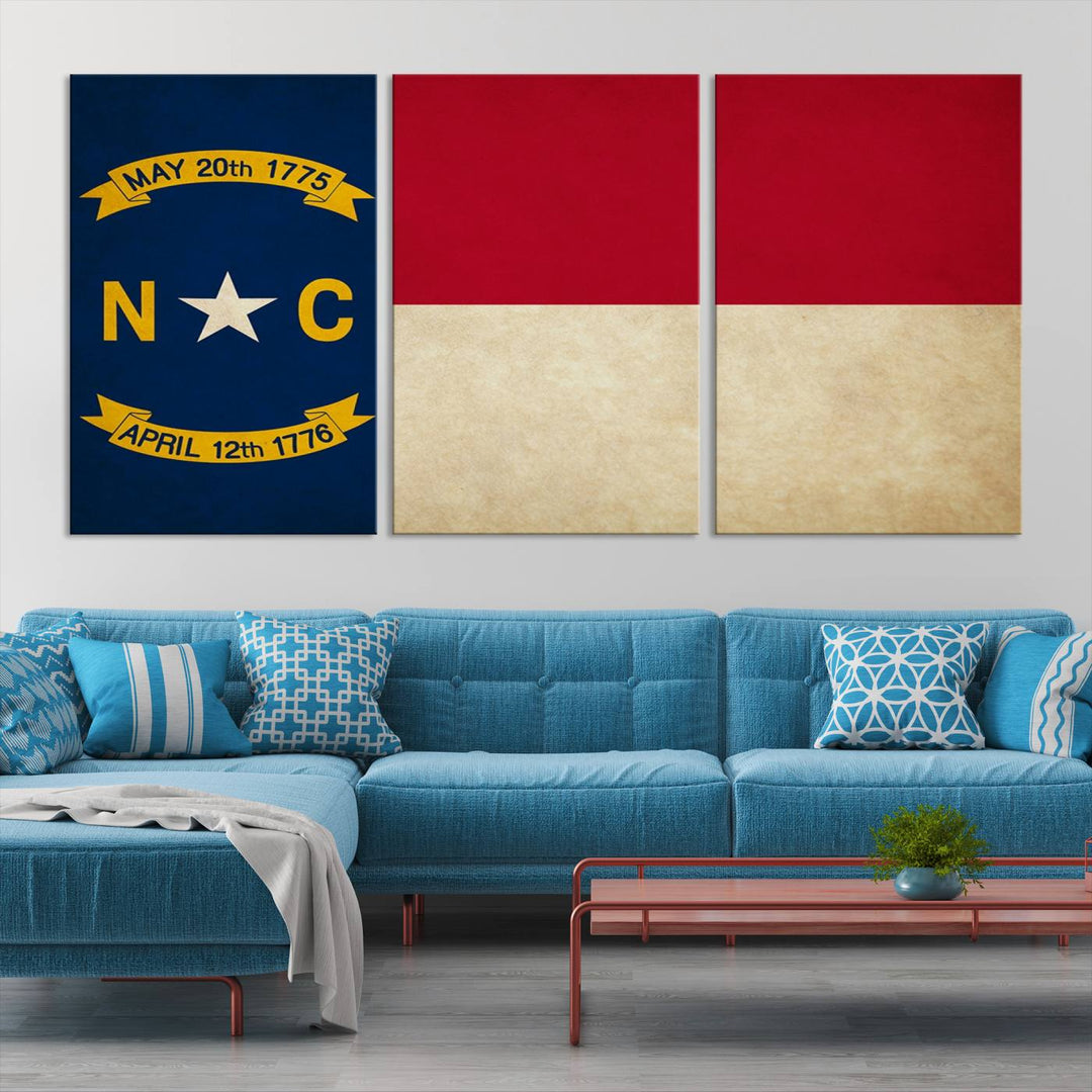 A museum-quality North Carolina State Flag Wall Art Canvas Print graces the wall, adding charm and character to any living space. Enjoy free shipping on this timeless piece.