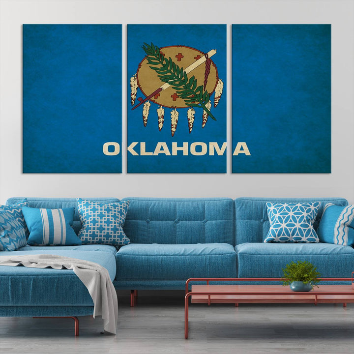 An Oklahoma States Flag Wall Art Canvas Print is displayed; this gallery-wrapped art piece is made on museum-quality canvas with a UV-protective coating to maintain its vibrant colors.