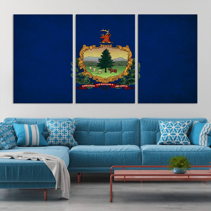 The Vermont Flag Wall Art Canvas Print is a museum-quality piece enhanced with UV-protective finishes, offering both style and durability. Enjoy free shipping on this classic decor addition.