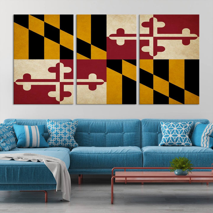 The Maryland Flag Wall Art Canvas Print, boasting a UV-protective coating for vibrant colors and durability, is a museum-quality piece offered with free shipping, making it the perfect addition to your space.