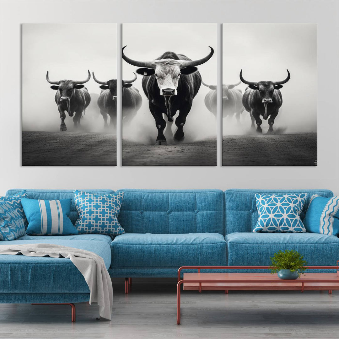 The Texas Longhorn Cow Animal Wall Art Canvas Print beautifully embellishes the area with its depiction of longhorn cattle in a misty setting, seamlessly integrating Western decor into the space.