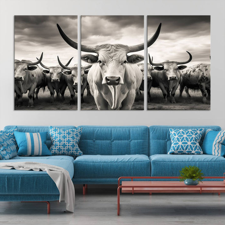 A Texas Longhorn Cow Animal Wall Art Canvas Print introduces a Western-themed accent.