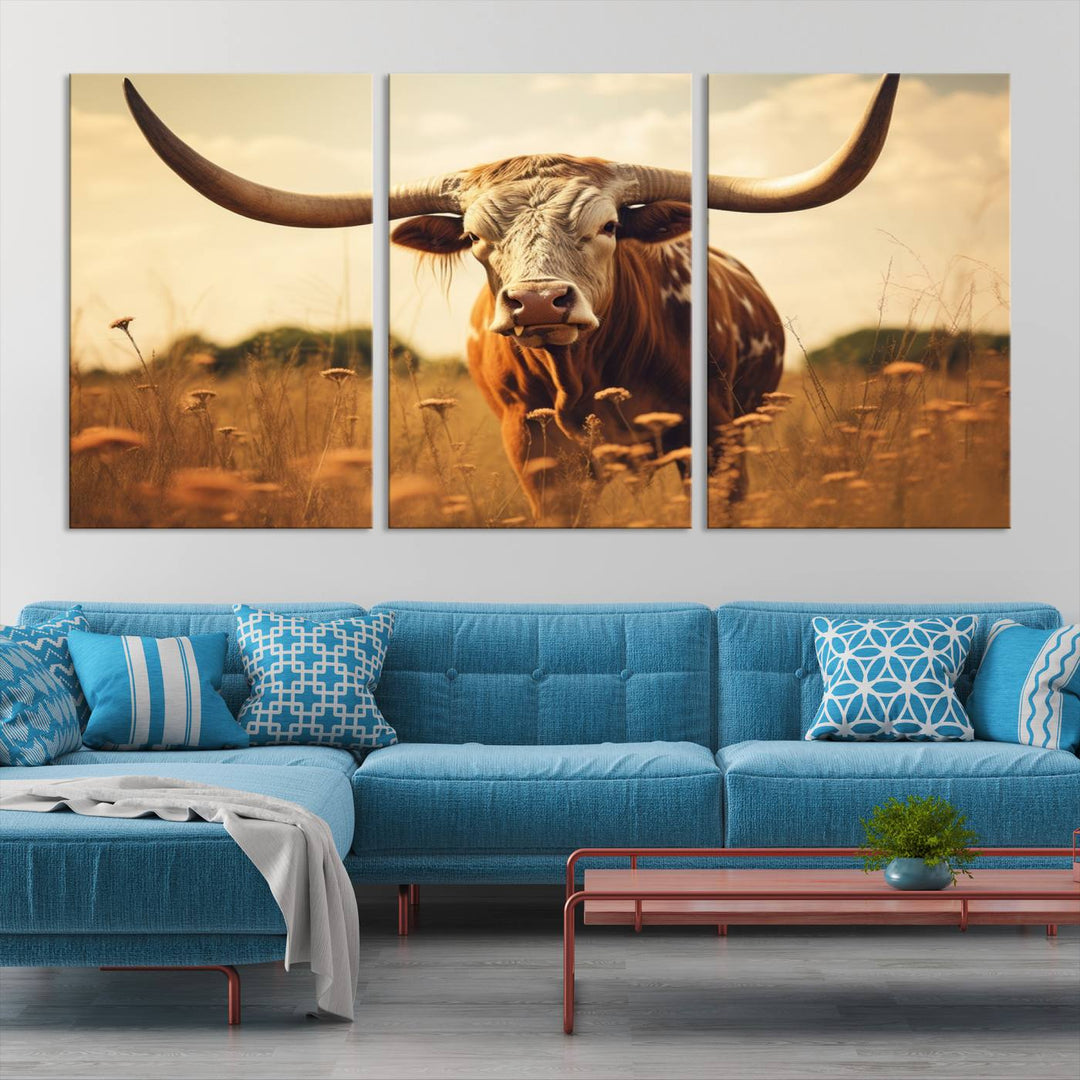 Cow Bighorn Wall Art Canvas Print, Longhorn Texas Cow Animal Canvas Print