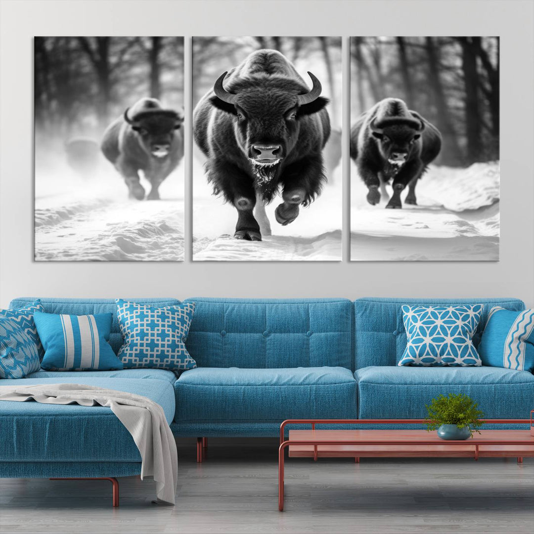 Transform your living room with the Buffalo Wall Art Canvas Print triptych, showcasing a bison family in motion across a snowy landscape. This striking Western decor piece becomes the focal point of any room.