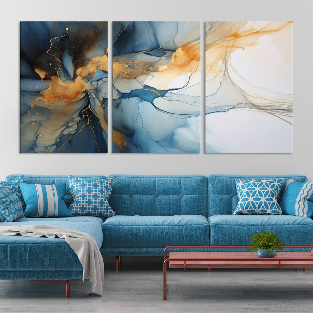 Art mural abstrait bleu marine orange, impression abstraite, impression sur toile abstraite