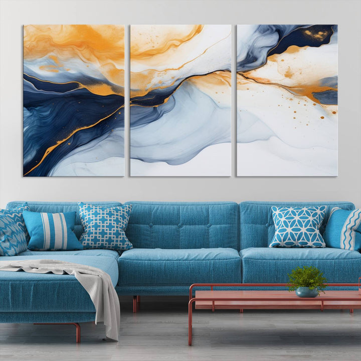 Modern living room featuring the 'Extra Large Orange Navy Blue Abstract Wall Art Canvas Print.'