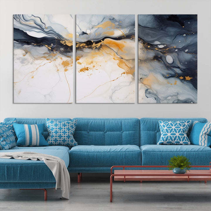 The Dark Blue and Orange Abstract Wall Art, featuring museum-quality canvas with captivating dark and golden swirls, is ready to hang and boasts a UV-protective coating to ensure enduring vibrancy and sophistication.