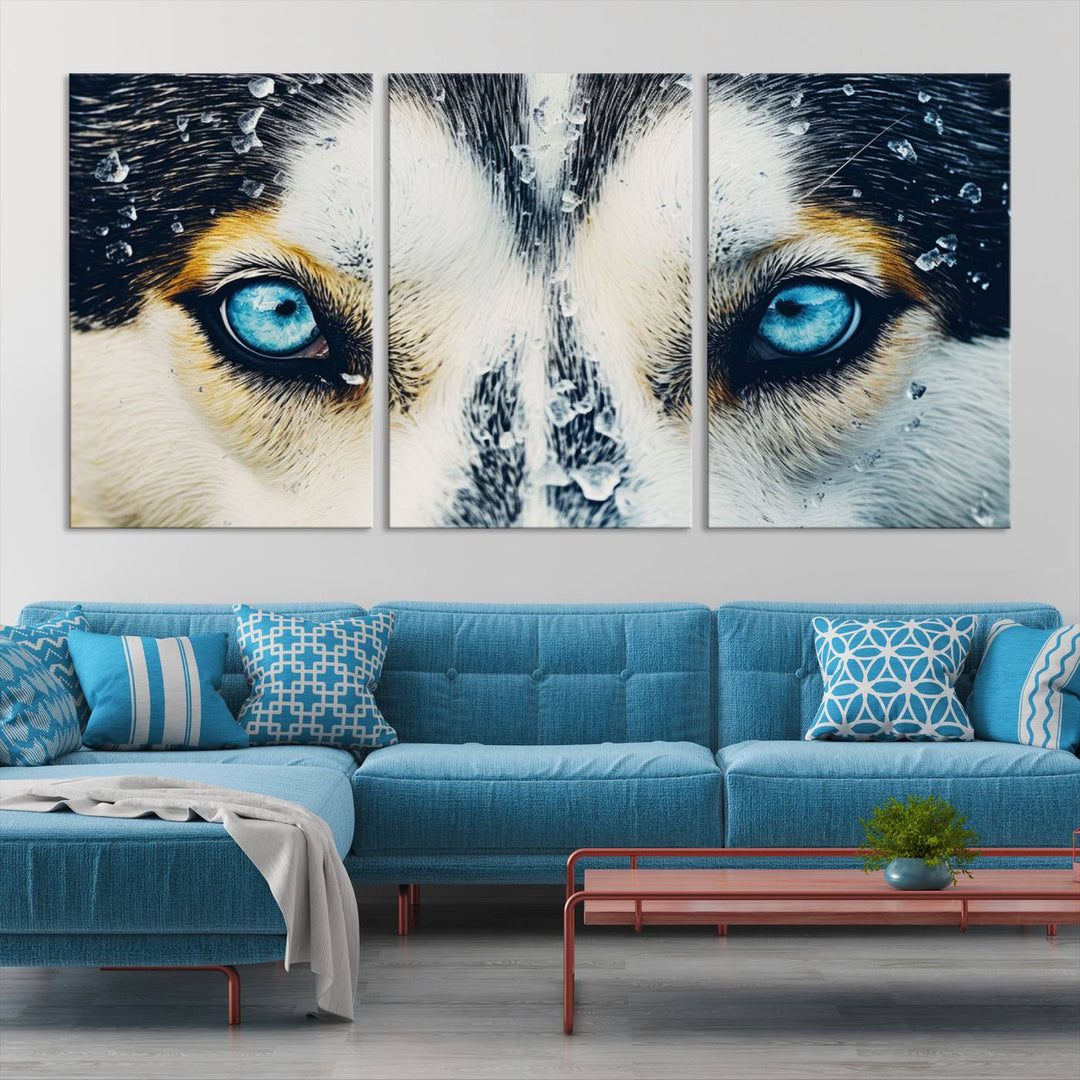 The captivating "Winter Siberian Husky Wolf EYE Wall Art Canvas Print" showcases the striking blue eyes of the animal portrait.