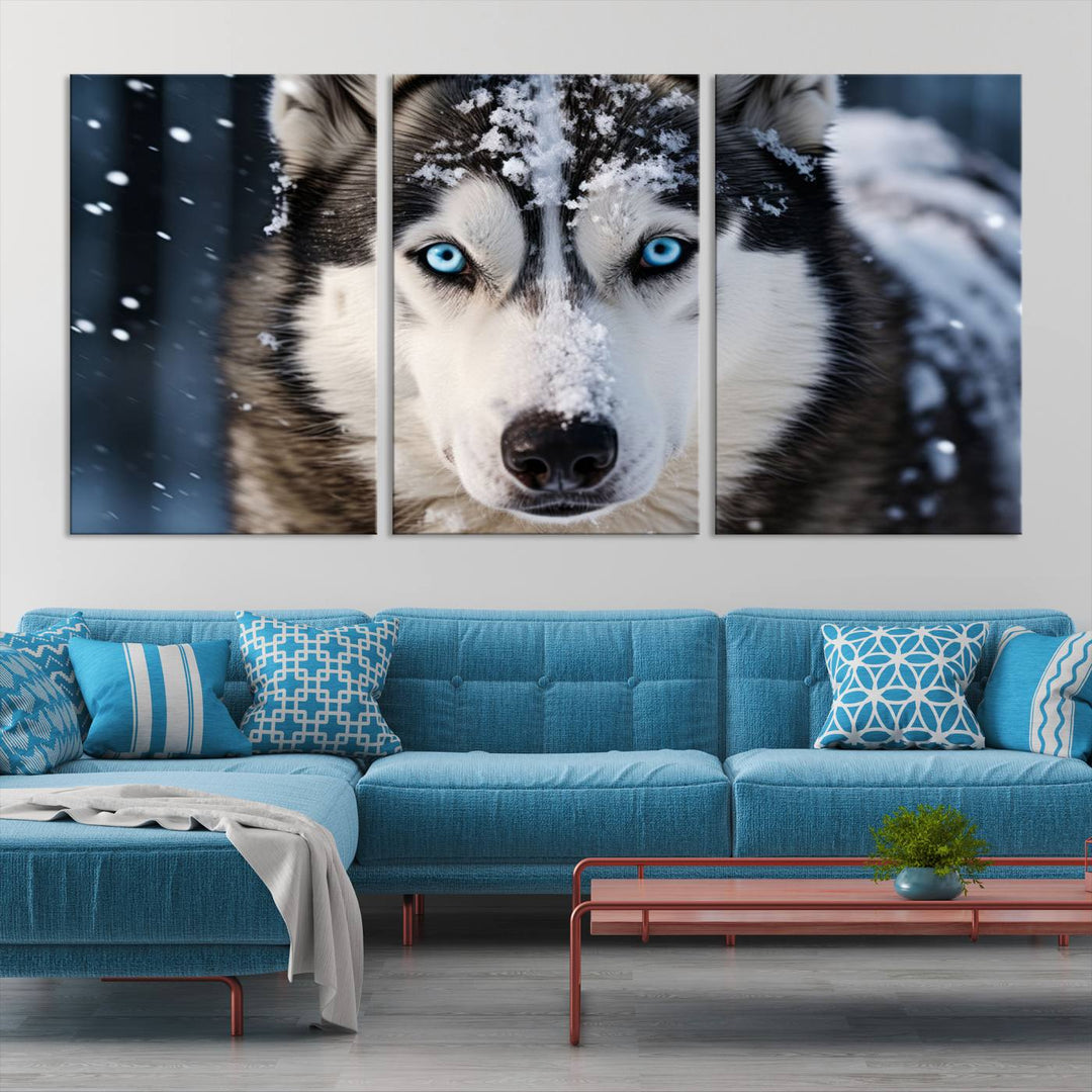 A digital art piece titled "Winter Siberian Husky Wolf Wall Art Canvas Print" showcases a blue-eyed husky blanketed in snow. Printed on high-quality canvas, it is an ideal choice for nature and dog enthusiasts.