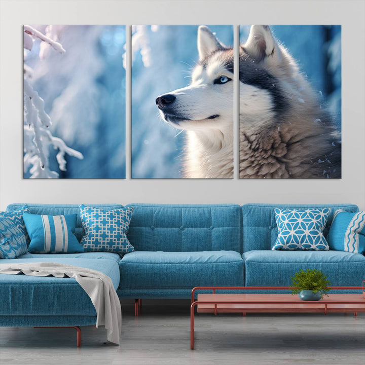 A captivating Winter Siberian Husky Wolf Wall Art Canvas Print hangs prominently.