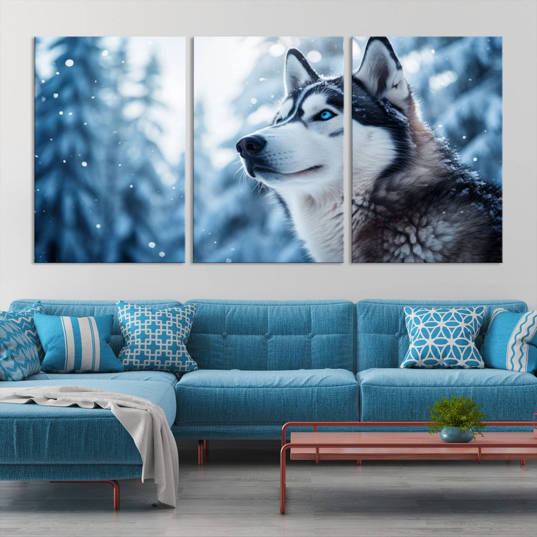 The "Winter Siberian Husky Wolf Wall Art Canvas Print" is elegantly displayed, enhancing the room's cozy ambiance in a snowy forest setting.