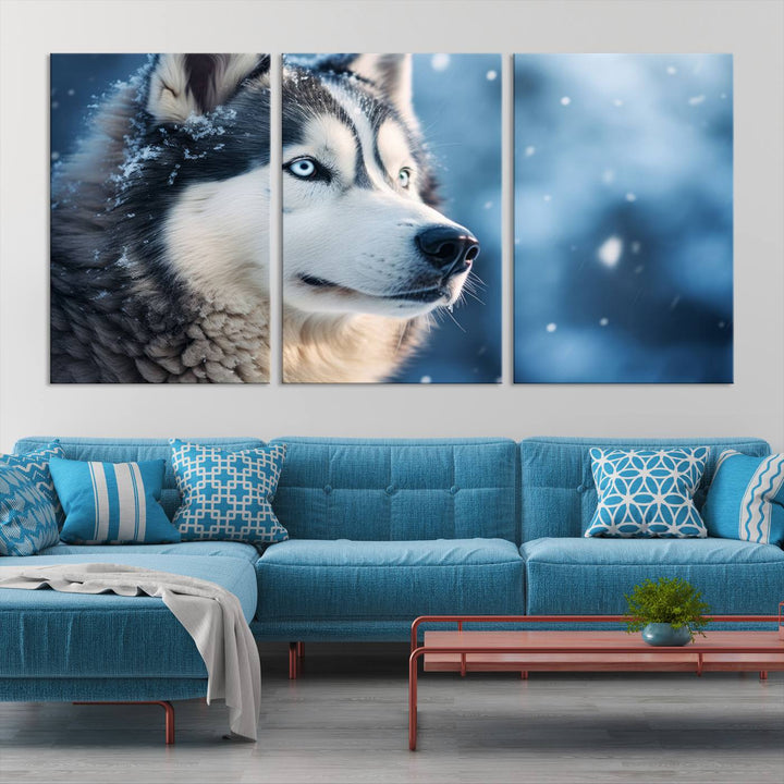 The space above the sofa features the Winter Siberian Husky Wolf Wall Art Canvas Print, creating a stunning snowy scene.