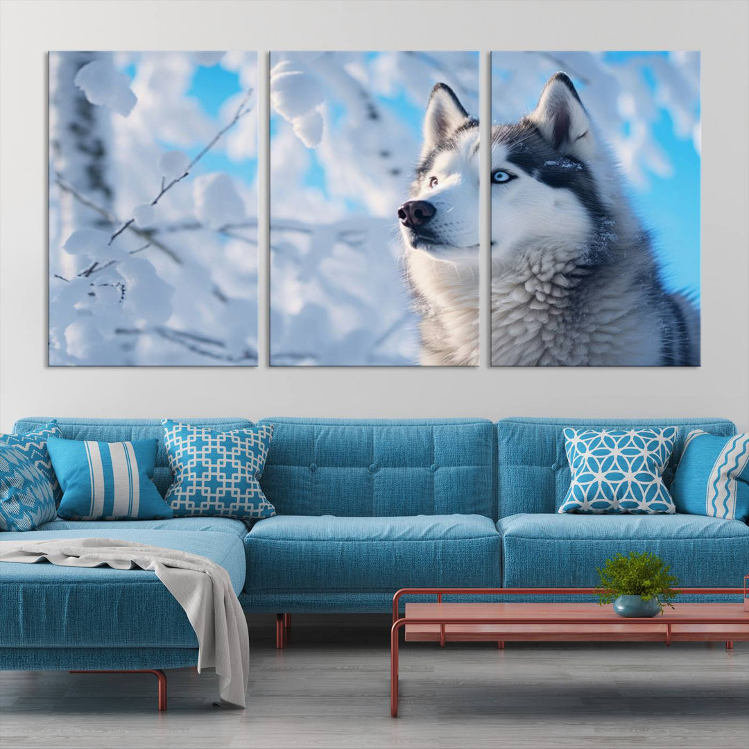 The Siberian Husky Art Canvas elegantly enhances the room.