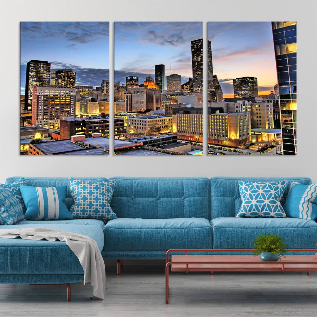 The modern living room features the Houston Wall Art Canvas Print on the wall. This professional craftsman framed masterpiece depicts a cityscape and is created with museum-quality polycotton canvas, ensuring a polished look that enhances its elegant charm.