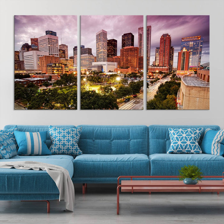 The Houston Wall Art Canvas Print in the living room displays a vibrant city skyline at twilight on museum-quality canvas with UV-protective coating.