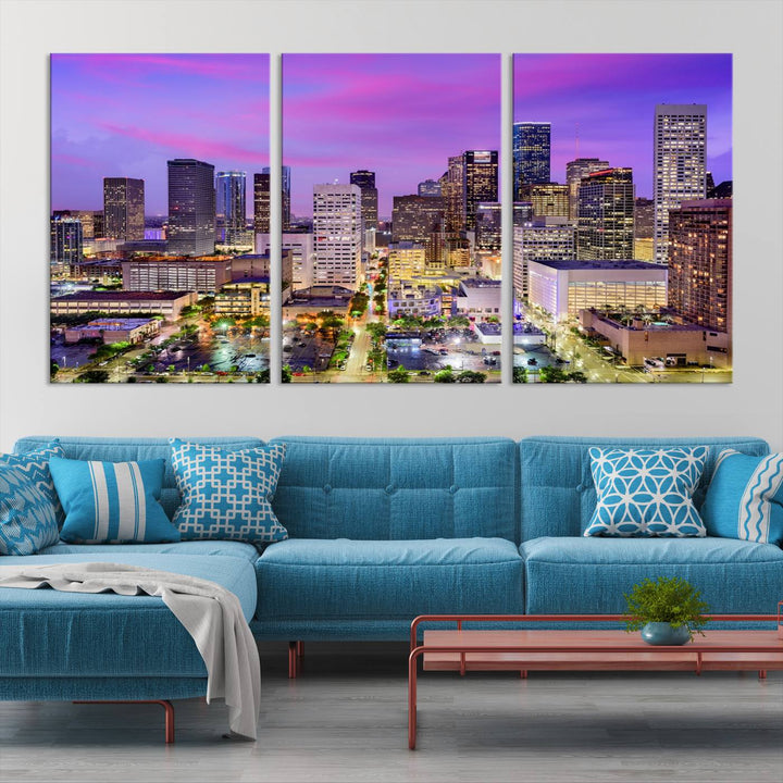 Houston Wall Art Canvas Print showcasing a vibrant cityscape at dusk on museum-quality canvas, expertly crafted by professional craftsmen.