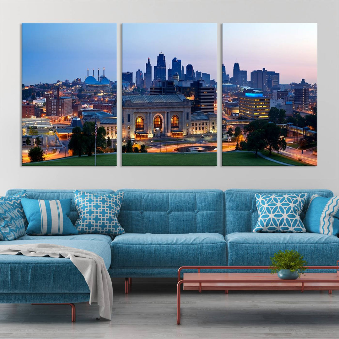 The Kansas City Skyline Canvas Wall Art Print hangs above, showcasing an iconic dusk cityscape with a historic building in the foreground, exuding urban sophistication.