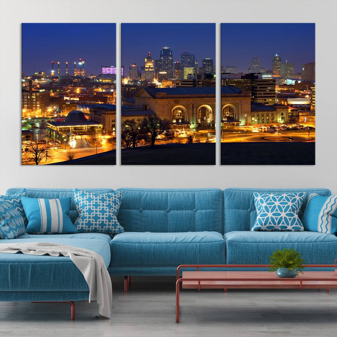 The Kansas City Night Canvas Print Wall Art creates a scene as captivating as museum-quality art, showcasing a city skyline at night with illuminated buildings.