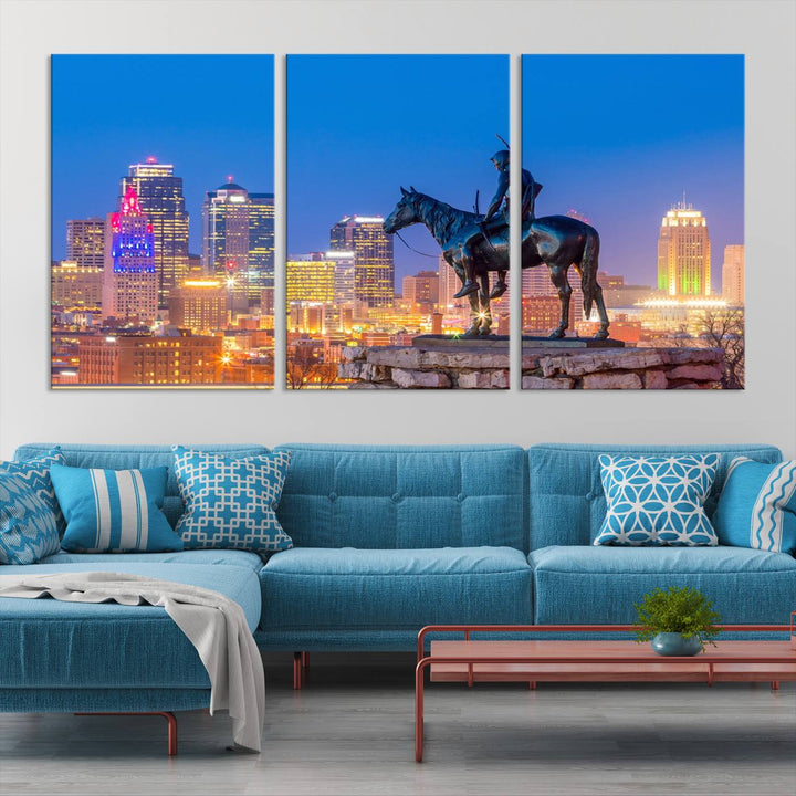 A large Kansas City Night Canvas Print Wall Art adorns the wall, gallery wrapped and finished with a UV-protective coating for lasting vibrancy.