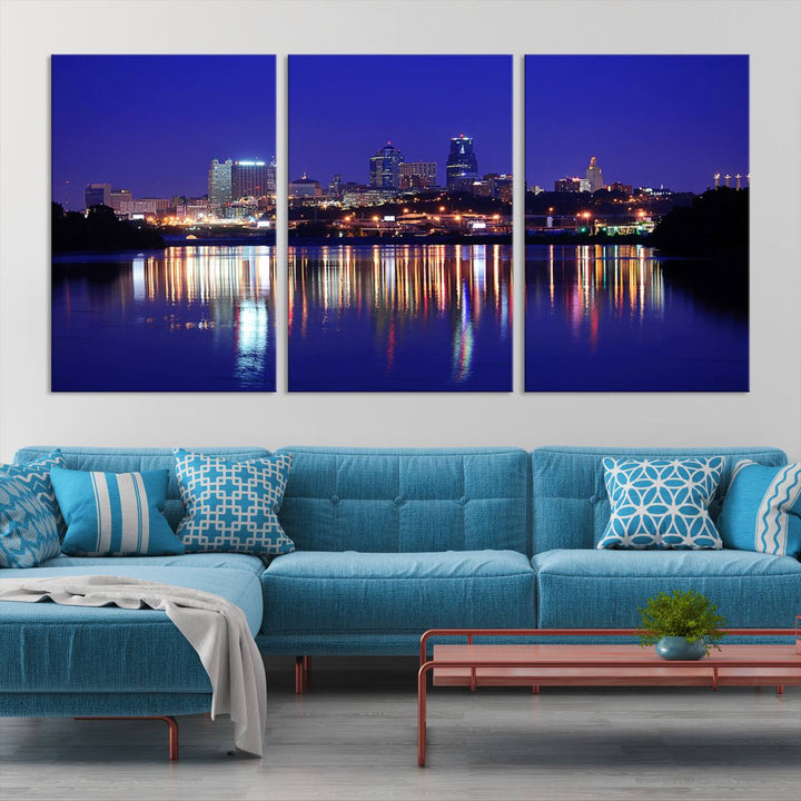 The Kansas City Night Canvas Print Wall Art captures the shimmering city skyline on the calm water, where every detail resembles a museum-quality polycotton masterpiece.