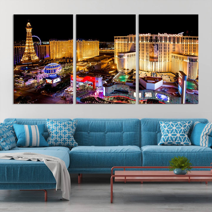 The Las Vegas Wall Art Canvas Print is a triptych set that showcases a stunning night view of Las Vegas. The illuminated buildings and the iconic faux Eiffel Tower add elegance to any space. Each piece comes with a UV-protective coating and is ready to hang, ensuring both style and durability.