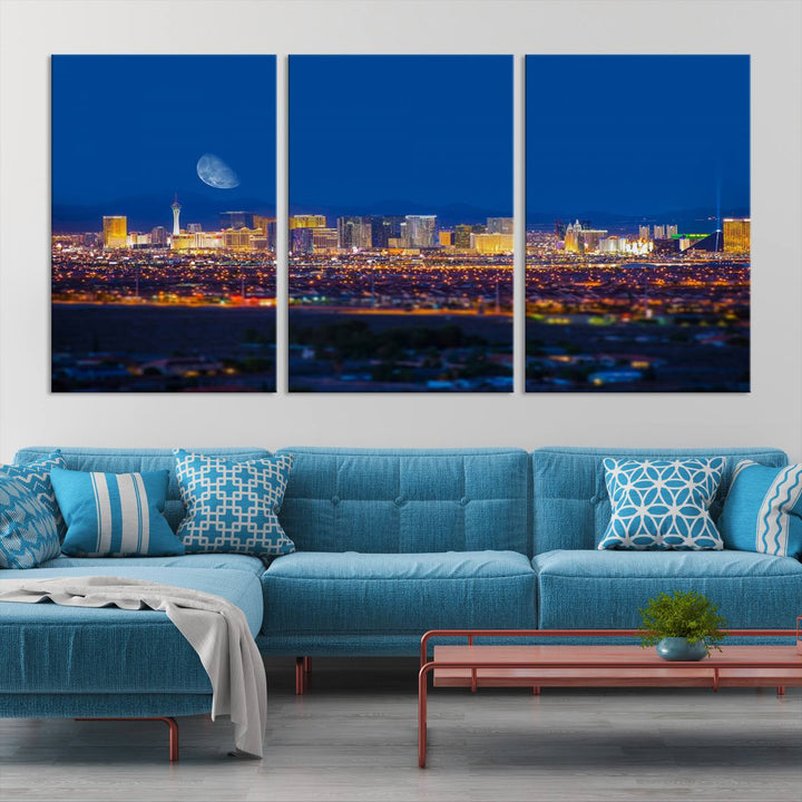 The Las Vegas Wall Art Canvas Print, depicting a city skyline at night, enhances a modern living room with its museum-quality canvas. This triptych comes ready to hang and boasts a UV-protective coating for lasting brilliance.