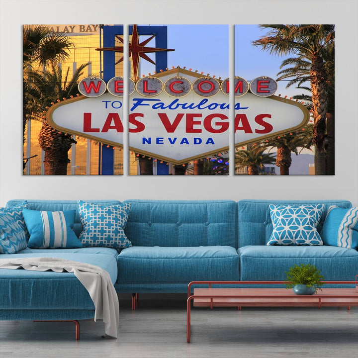 A Las Vegas Wall Art Canvas Print hangs on the wall, showcasing the iconic Welcome to Fabulous Las Vegas, Nevada sign. The museum-quality canvas guarantees vibrant colors with its UV-protective coating and is available with free shipping for added convenience.