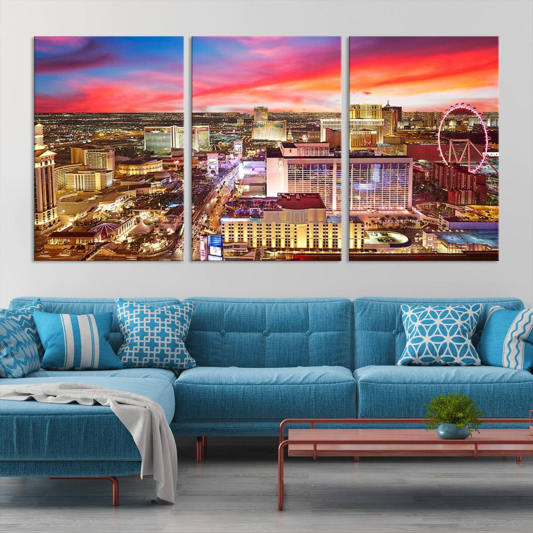 Las Vegas Wall Art Canvas Print depicting a vibrant cityscape at dusk on museum-quality canvas with a UV-protective coating, showcasing a skyline with colorful clouds.