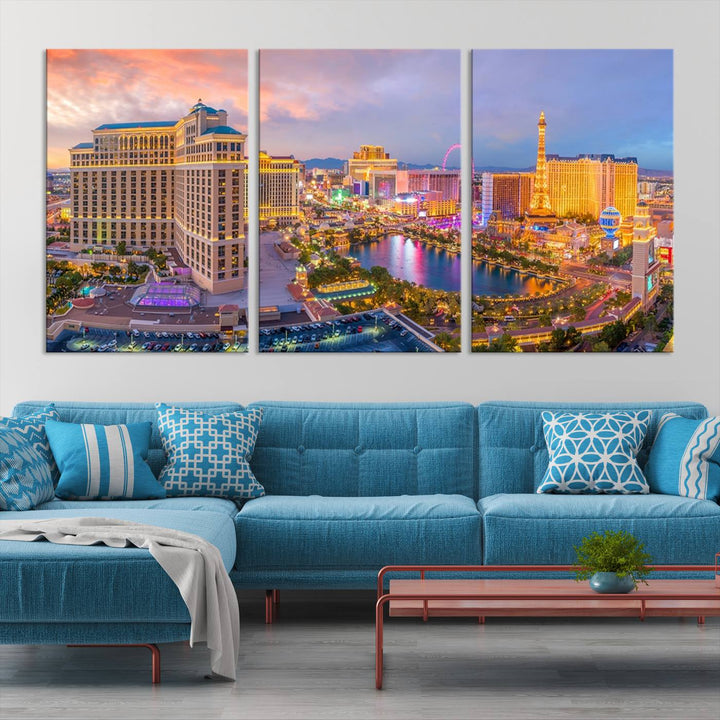 The gallery-wrapped triptych of the Las Vegas Wall Art Canvas Print, depicting the colorful skyline at sunset, adds a vibrant touch to the room. This artwork is crafted on museum-quality canvas and features a UV-protective coating for lasting durability.