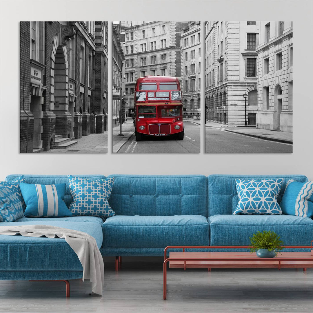 The living room features museum-quality London Red Bus Wall Art, showcasing a split canvas print of a red bus on a black and white city street. This artwork is ready to hang and includes a UV-protective coating to ensure long-lasting vibrance.