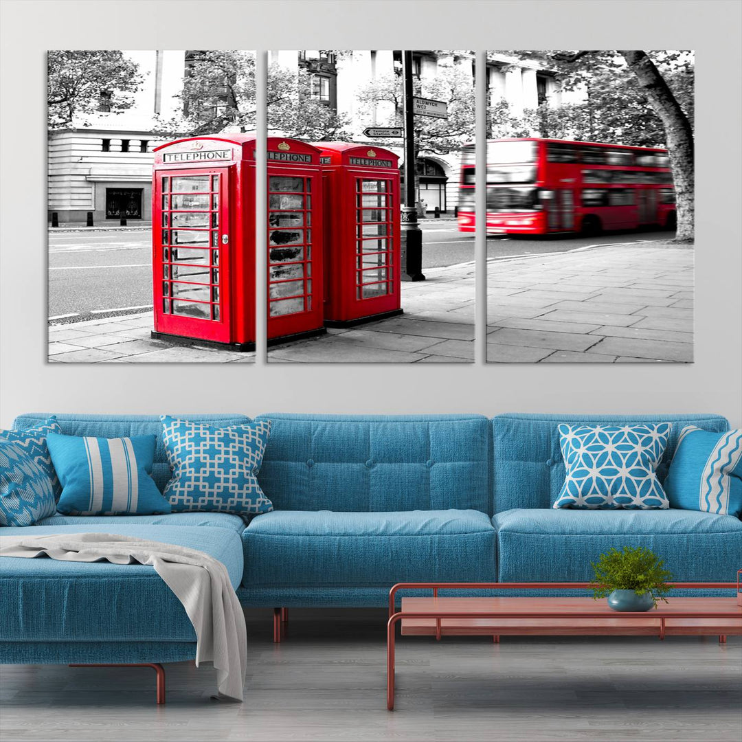 The London Red Bus and Phone Club Wall Art, a vivid night canvas print featuring iconic red buses and phone booths, is elegantly showcased on gallery-wrapped, museum-quality material. With its UV-protective coating, this captivating piece infuses your space with the charm of London.