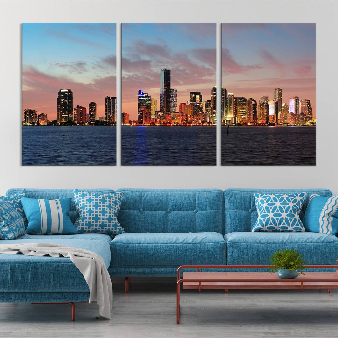 The Wall Art MIAMI Canvas Print emphasizes a vibrant cityscape at sunset. This artwork is presented on museum-quality canvas with gallery-wrapped edges, ensuring it stands out while maintaining its pristine condition for years to come.