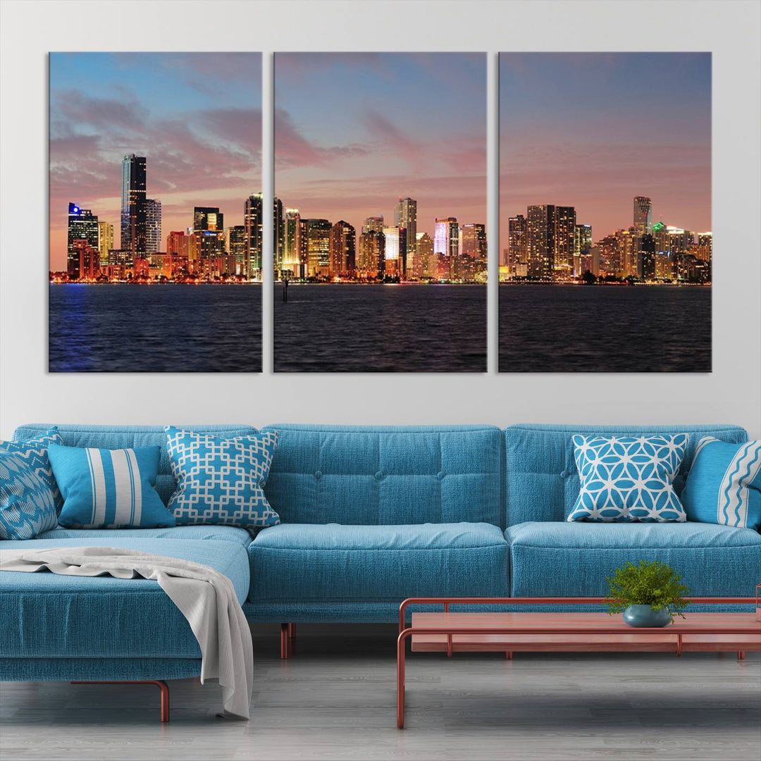 The living room features a gallery-wrapped triptych of the Miami City Wall Art Canvas Print above the sofa.