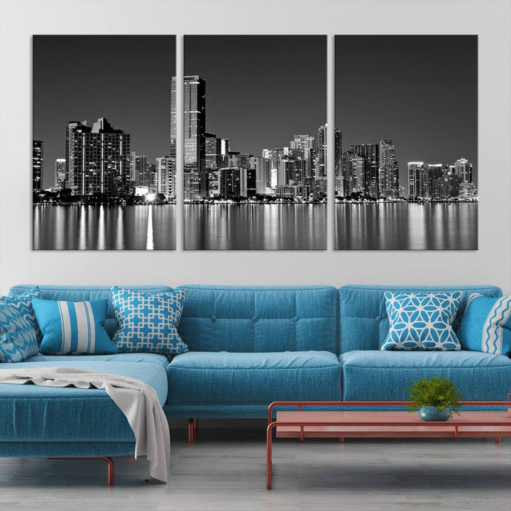 The Miami City Wall Art Canvas Print, a stunning triptych of the Miami skyline, elegantly hangs in this modern living room.