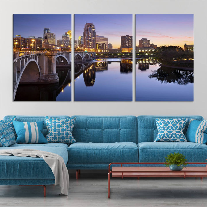 Display the Minneapolis Wall Art Canvas Print, featuring the Minnesota cityscape at dusk, on gallery-wrapped, museum-quality canvas.