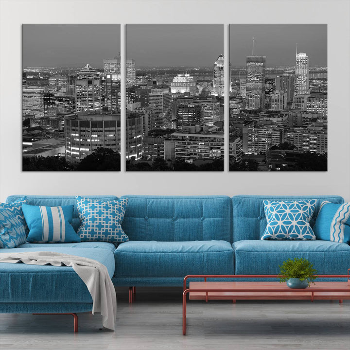 The gallery-wrapped, museum-quality canvas print features the Montreal Canada City Wall Art, showcasing a cityscape at night in black and white.