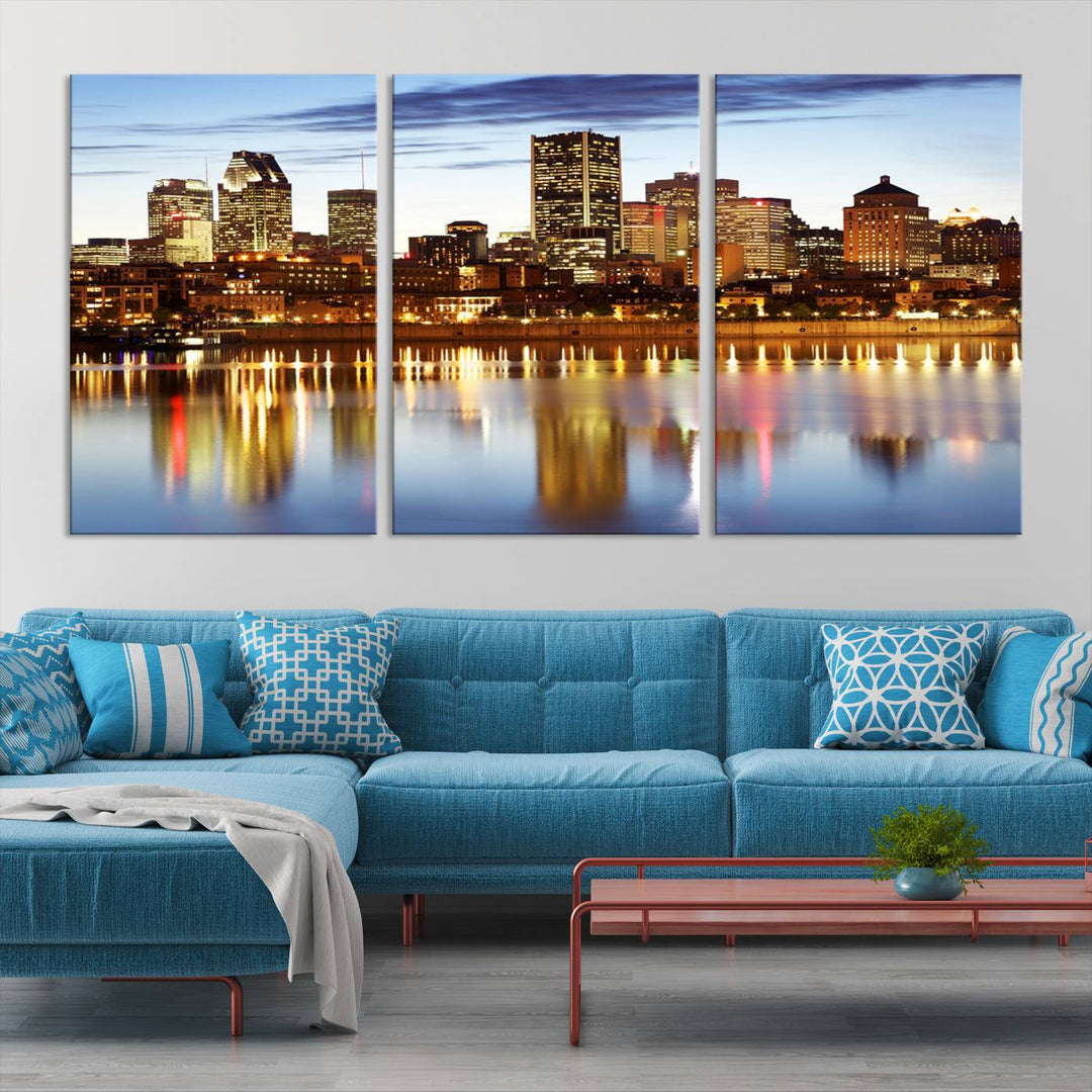 A Montreal Canada City Wall Art Canvas Print, depicting the cityscape at dusk and reflecting in calm waters, is crafted with museum-quality canvases and a UV-protective coating. This remarkable piece guarantees vibrant colors that remain stunning and ready to hang for years to come.