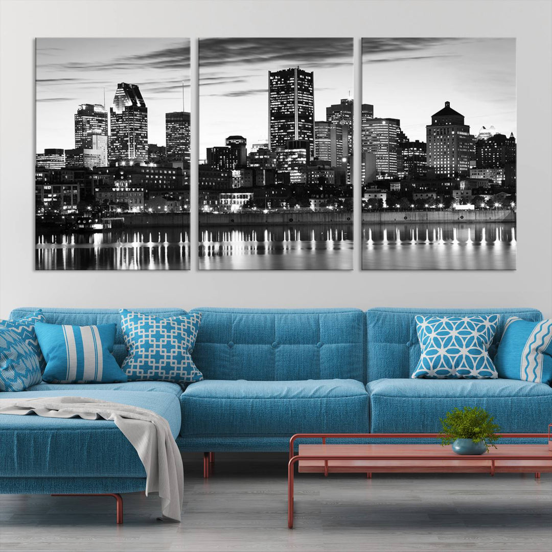 The contemporary living room features the Montreal Canada City Wall Art Canvas Print, an elegantly gallery-wrapped triptych on museum-quality canvas, prominently hung above.