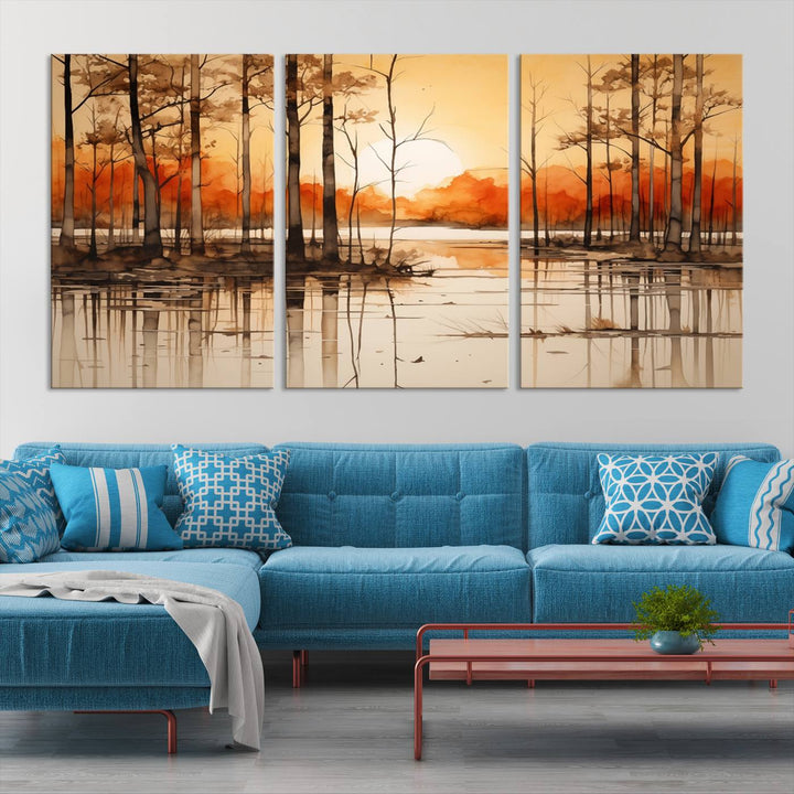 An Abstract Watercolor Trees and Sunset on Lake Wall Art Canvas Print, created on museum-quality canvas.