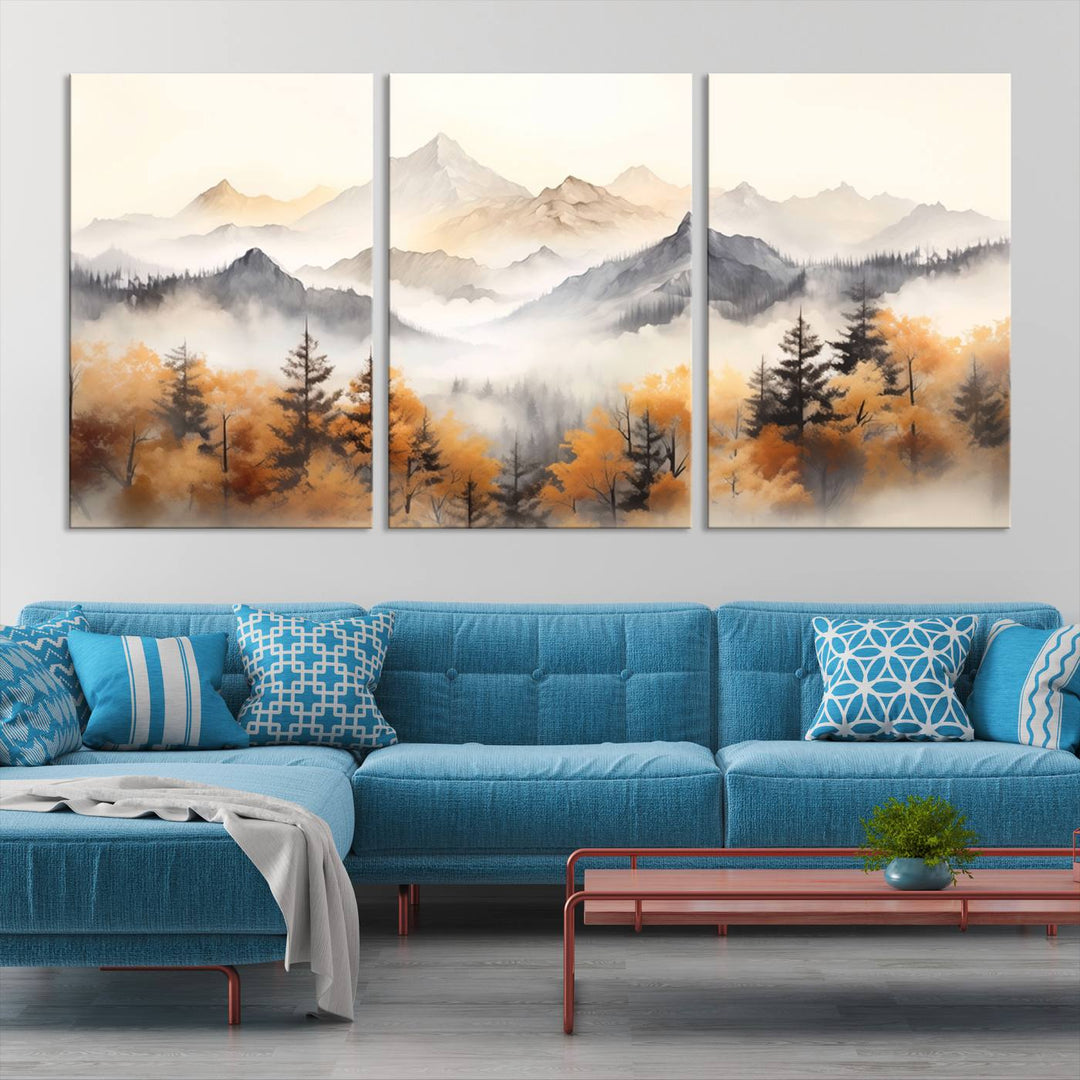 Art mural abstrait aquarelle montagnes et arbres automne