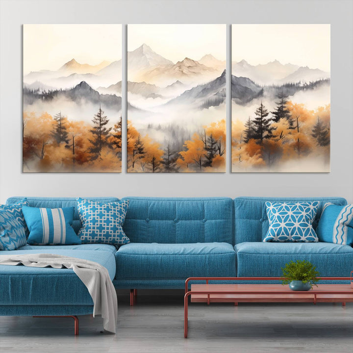 Abstract Watercolor Mountains and Trees Autumn Wall Art